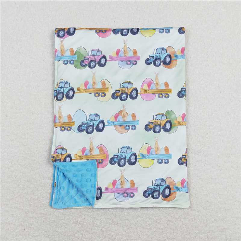 BL0117 Easter Egg Bunny Tractor Turquoise Baby Blanket