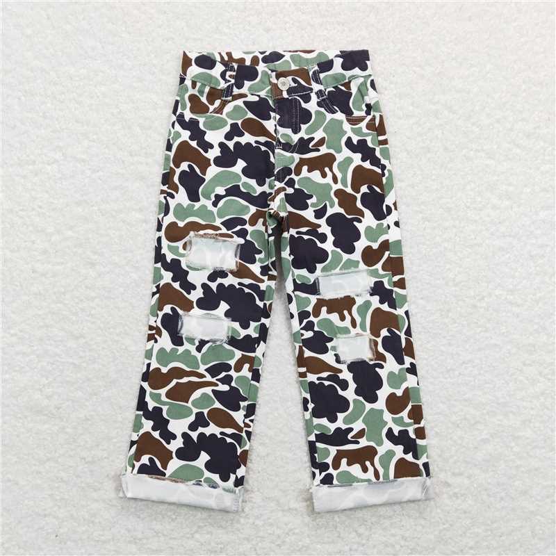 P0413 Brown and green camouflage ripped denim trousers