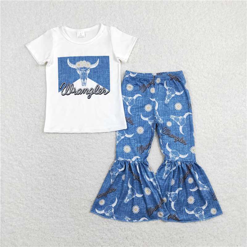 GSPO1287 wrangler alpine cow head white short-sleeved flower blue trousers suit