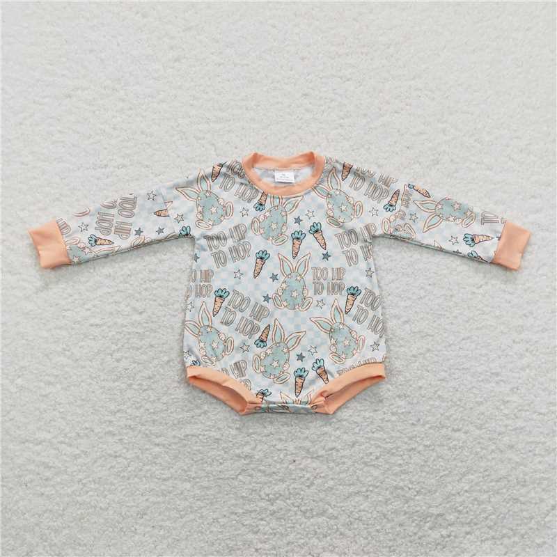 LR0909 too hip to hop letter carrot star easter egg rabbit long sleeve jumpsuit