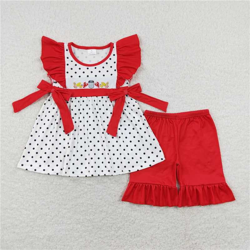 GSSO0454 Embroidered corn crayfish red lace bow polka dot short-sleeved shorts suit