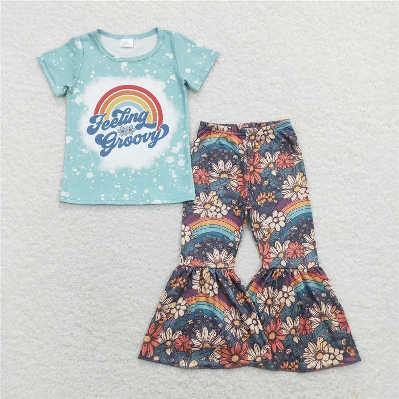 GSPO1270 feeling groovy rainbow flower blue short-sleeved trousers suit