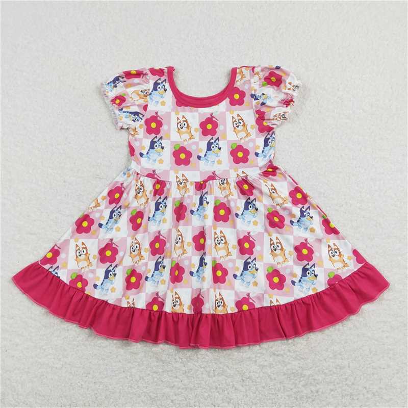 GSD0740 bluey flower pink and white plaid rose red lace short-sleeved skirt