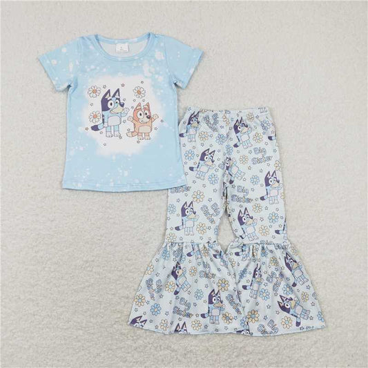 GSPO1336 bluey big sister letter flower blue short-sleeved trousers suit