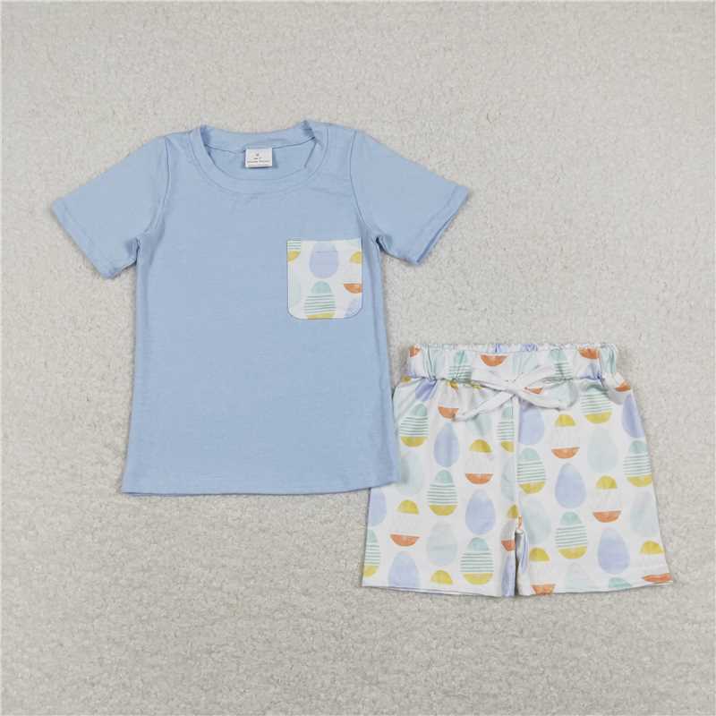 BSSO0525 Easter Egg Pocket Blue Short Sleeve Shorts Suit