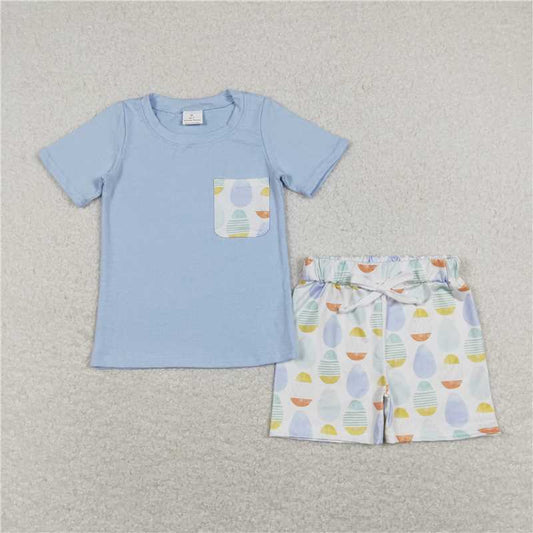 BSSO0525 Easter Egg Pocket Blue Short Sleeve Shorts Suit