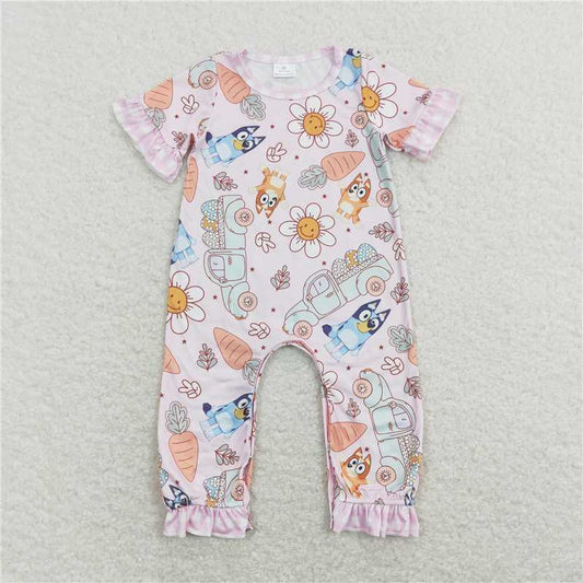 bluey carrot smiley flower truck plaid pink short sleeve jumpsuit