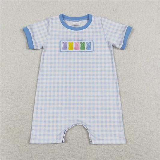 SR0690 Embroidered colorful bunny blue and white plaid shorts jumpsuit