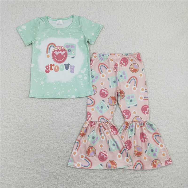 GSPO1254 Rainbow Smiley Flower Bus Pink Green Short Sleeve Pants Suit