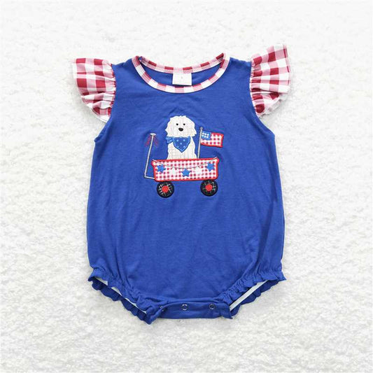 SR0748 Embroidery Stars and Flags Puppy Stroller Red and White Plaid Lace Onesie