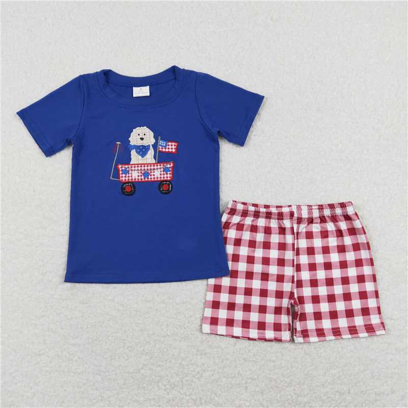 BSSO0423 Embroidered stars and flags puppy stroller blue short-sleeved red and white plaid shorts suit