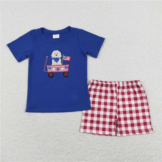 BSSO0423 Embroidered stars and flags puppy stroller blue short-sleeved red and white plaid shorts suit