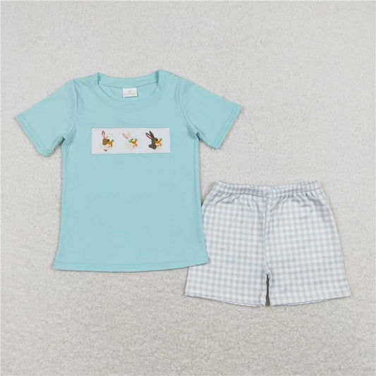 BSSO0414 Embroidery Rabbit Carrot Teal Short Sleeve Plaid Shorts Suit