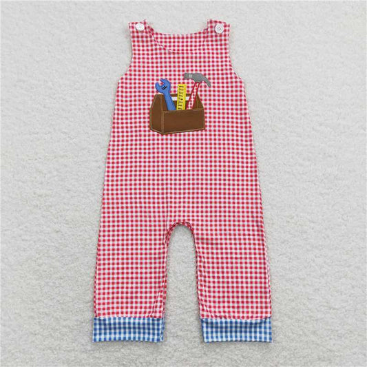 SR0822 Embroidery Hammer Tool Red and White Plaid Sleeveless Jumpsuit