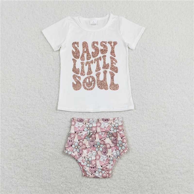 GBO0207 sassy little soul letter white short-sleeved smiley flower briefs suit