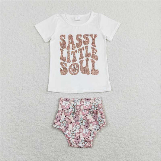 GBO0207 sassy little soul letter white short-sleeved smiley flower briefs suit