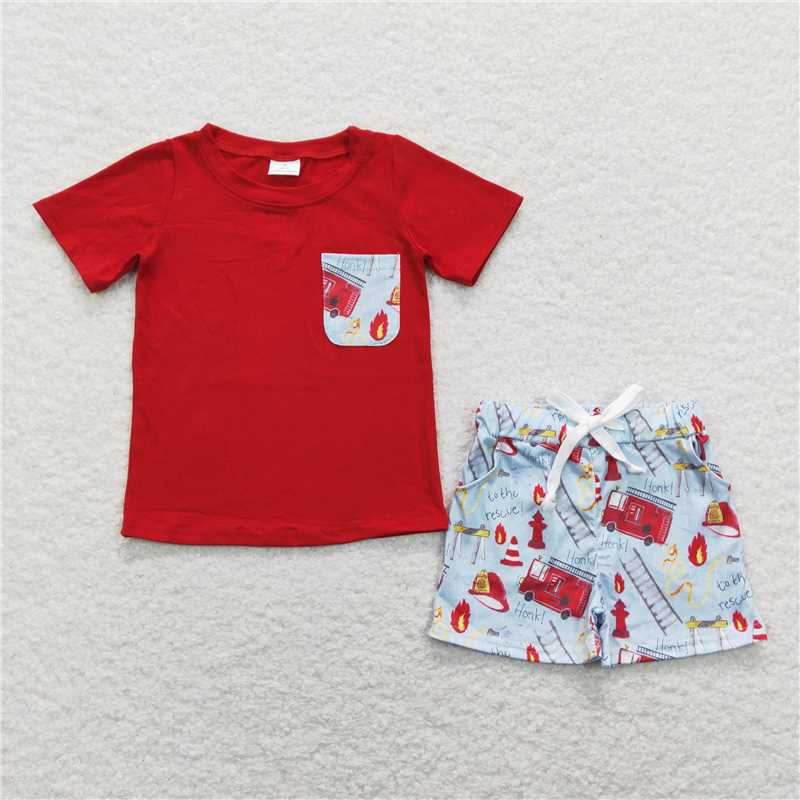 BSSO0557 Fire truck pocket red and blue short sleeve shorts suit