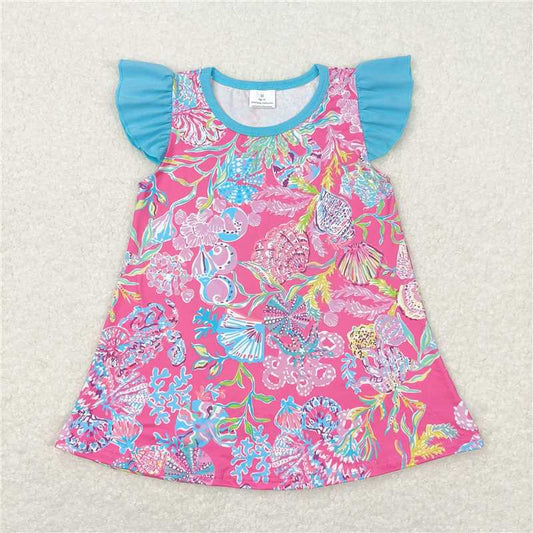 GT0564 Seaweed and shell blue flying sleeve rose red top