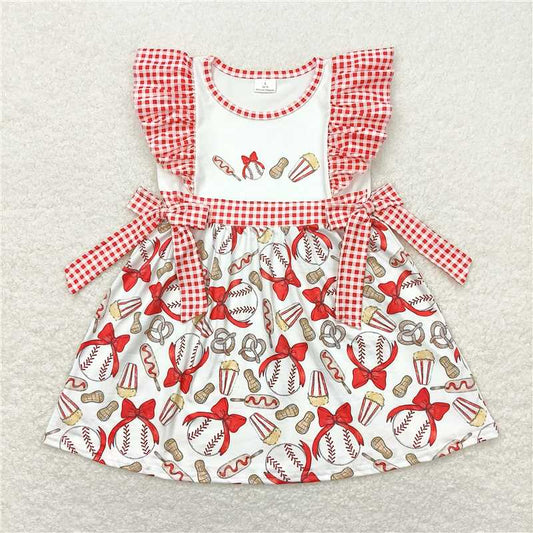 GSD0712 Bow Baseball Peanut Popcorn Red and White Plaid Bow Short Sleeve Dress