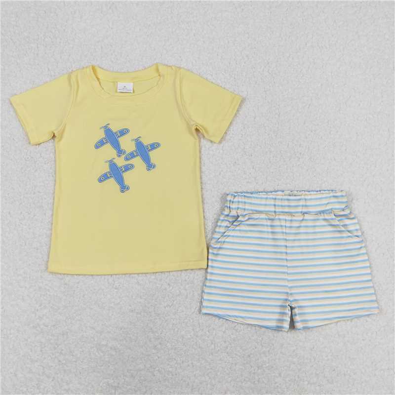 BSSO0696 Embroidered airplane yellow short-sleeved striped shorts suit