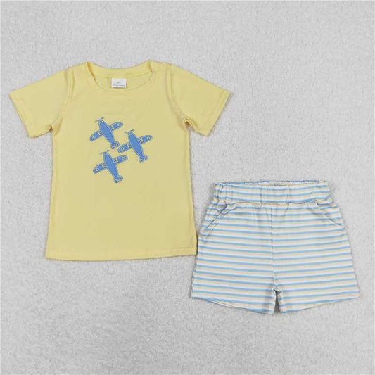 BSSO0696 Embroidered airplane yellow short-sleeved striped shorts suit