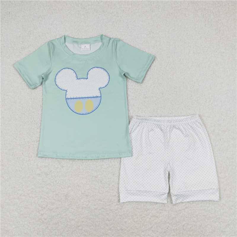 BSSO0675 Mickey green short sleeve polka dot white shorts suit