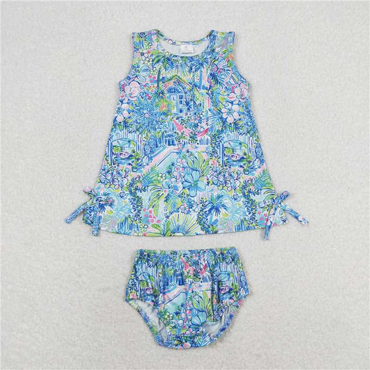 GBO0340 Floral blue sleeveless briefs set