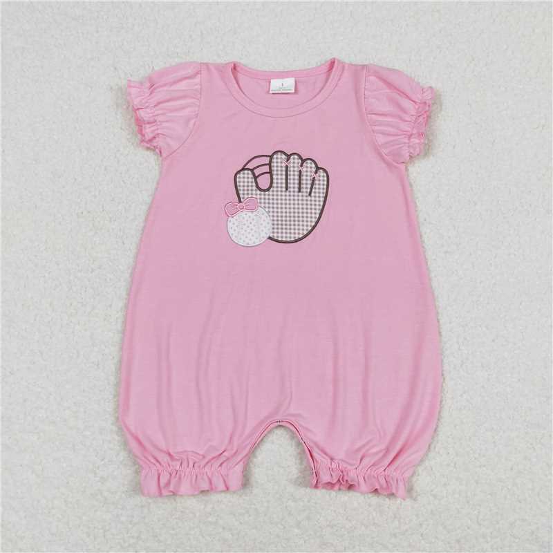 SR1213 Embroidered Bow Baseball Glove Pink Short Sleeve Jumpsuit