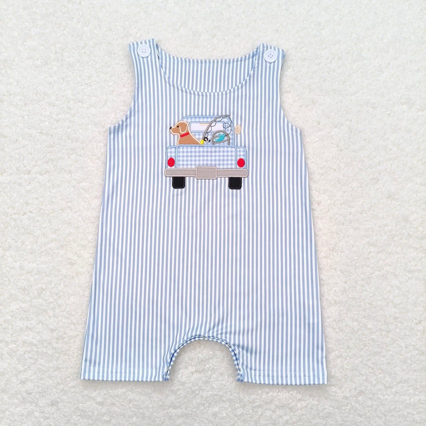 SR1170 Embroidered Fishing Puppy Truck Blue Stripe Sleeveless Jumpsuit