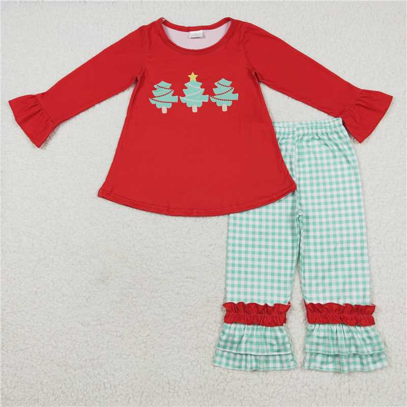 GLP1331 Christmas tree red long sleeve green plaid lace trousers suit