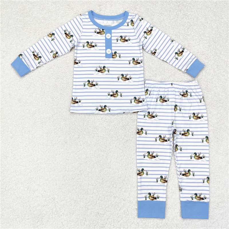 BLP0554 Duck blue striped white long-sleeved trousers pajama set