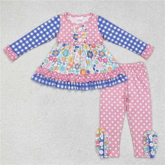 GLP1196 Flower polka dot pink lace blue plaid long sleeve trousers suit