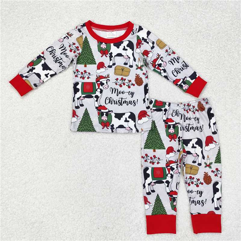 BLP0513 Christmas tree cow gray red long sleeve long pants pajamas set