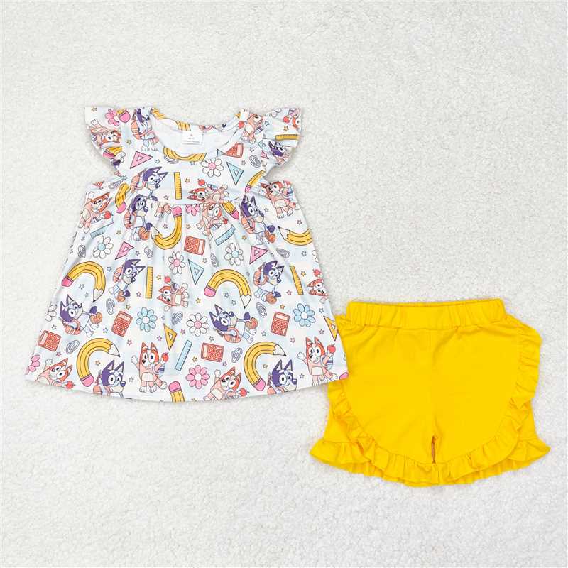 GSSO1246 bluey flower pencil check flying sleeve yellow shorts suit