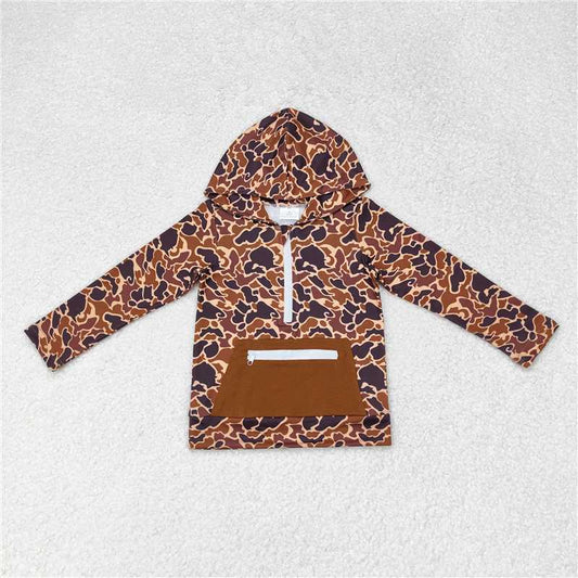 BT0746 Brown camouflage zipper pocket hooded long sleeve top