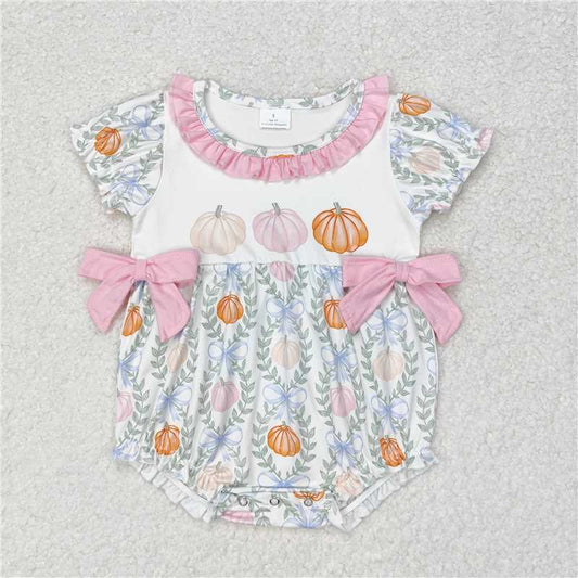 SR1865 Pumpkin leaf pink lace bow white short-sleeved jumpsuit