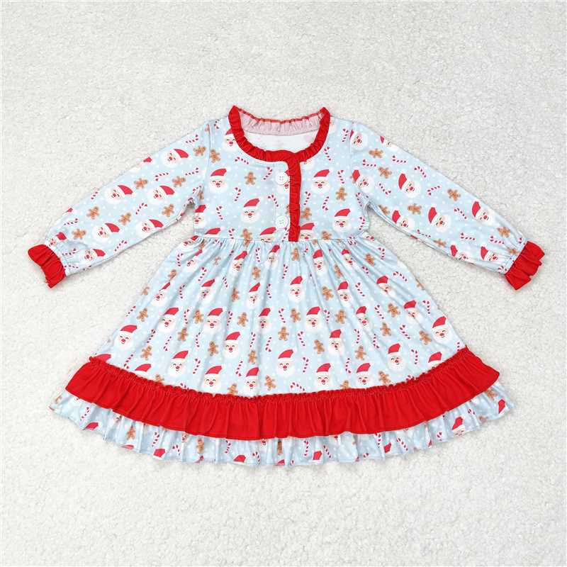 GLD0556 Santa Claus Cane Gingerbread Man Red Lace Blue Long Sleeve Dress