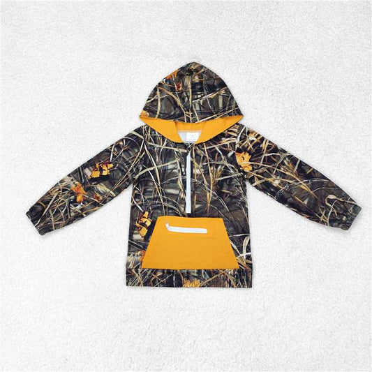 BT0755 Leaf camouflage zipper orange pocket hooded long sleeve top