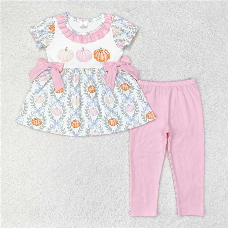 GSPO1601 Pumpkin leaf pink lace bow short-sleeved trousers suit