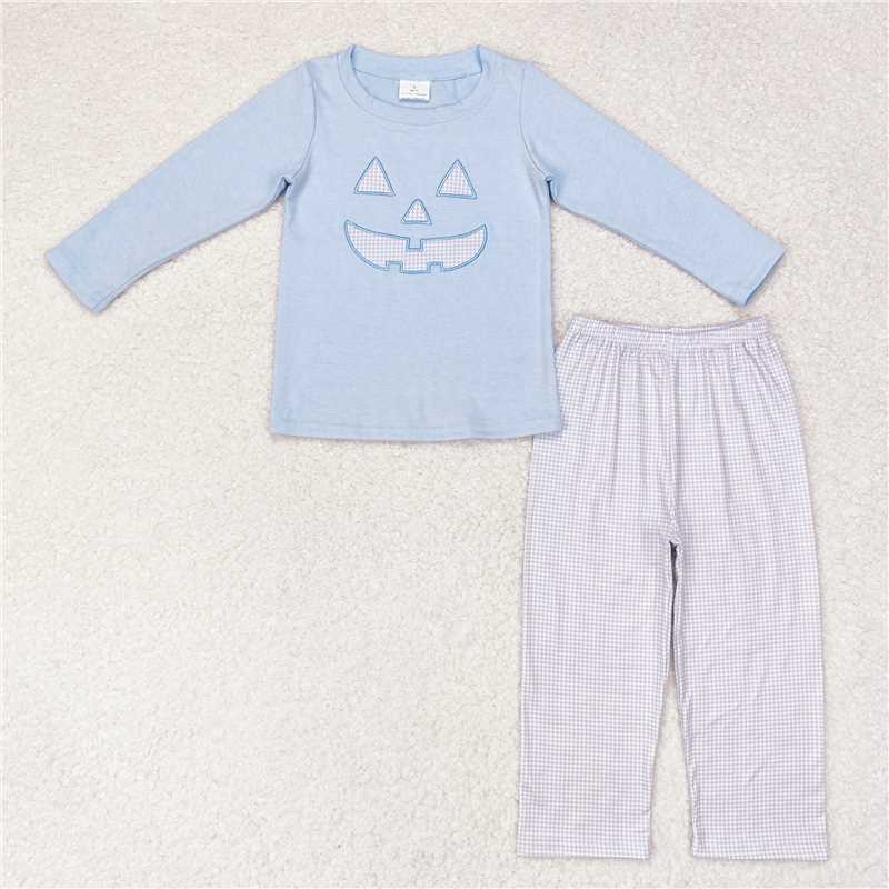 BLP0562 Embroidered Halloween smiley blue long-sleeved plaid trousers suit