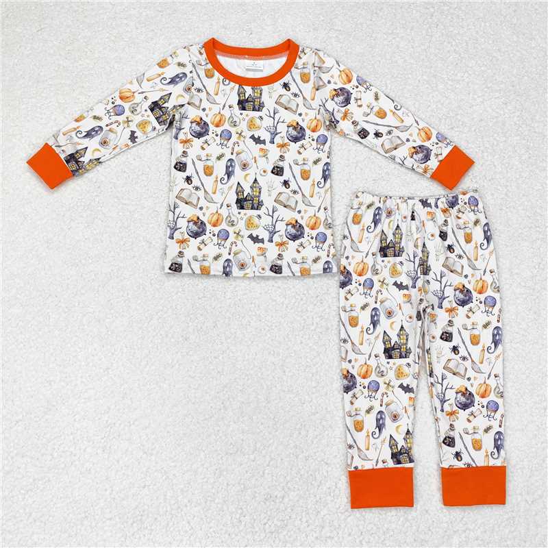 BLP0460 Ghost Magic Broom Pumpkin Castle Long Sleeve Long Pants Pajama Set