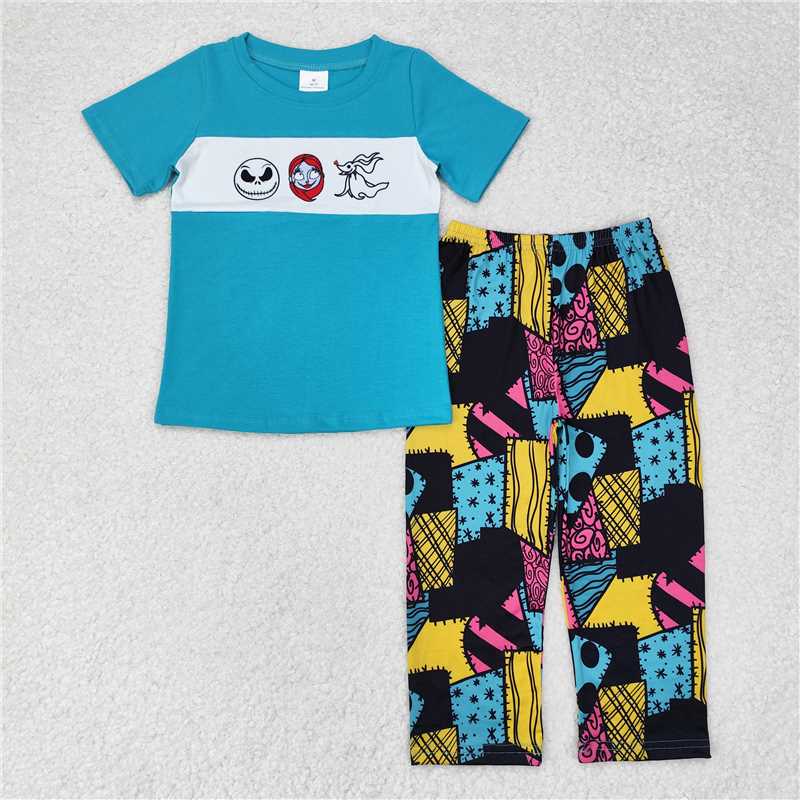 BSPO0416 The Nightmare Before Christmas teal short-sleeved patchwork trousers suit