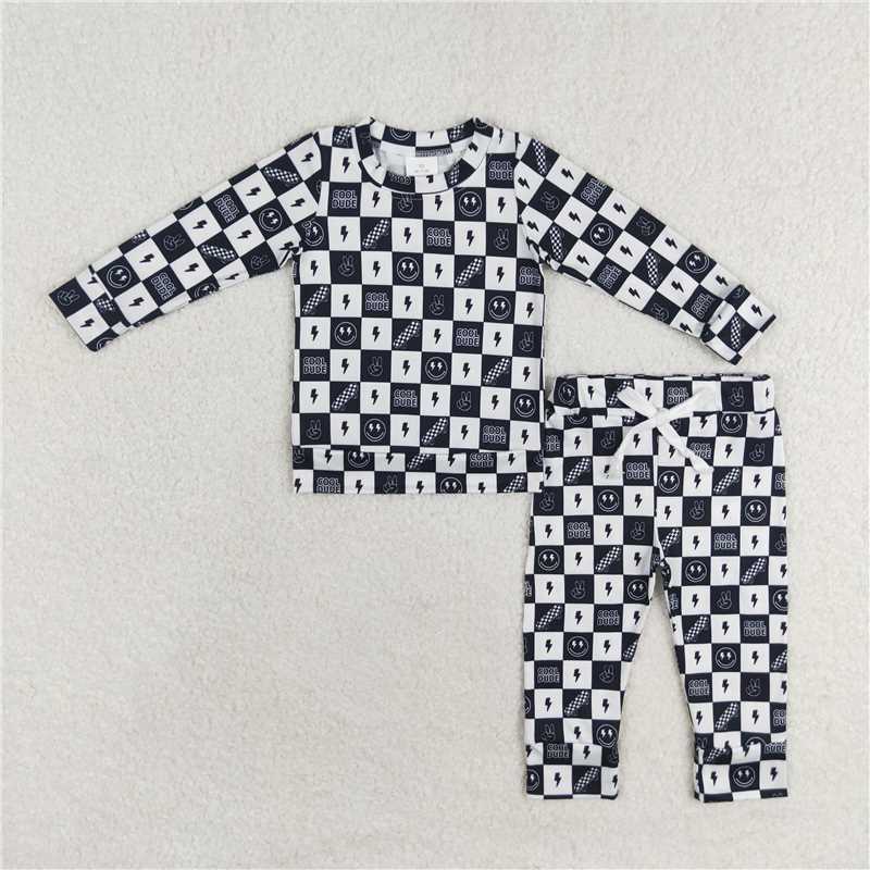 BLP0567 Smiley Skateboard Lightning Black and White Plaid Long Sleeve Pants Set