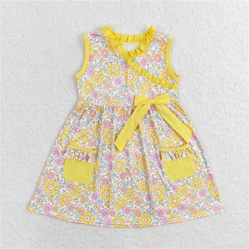 GSD1216 Flower floral yellow lace pocket bow sleeveless dress