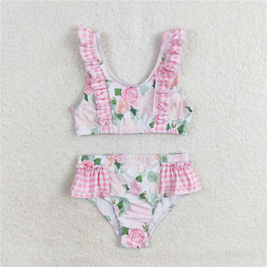 S0318 Floral pink plaid lace swimsuit set