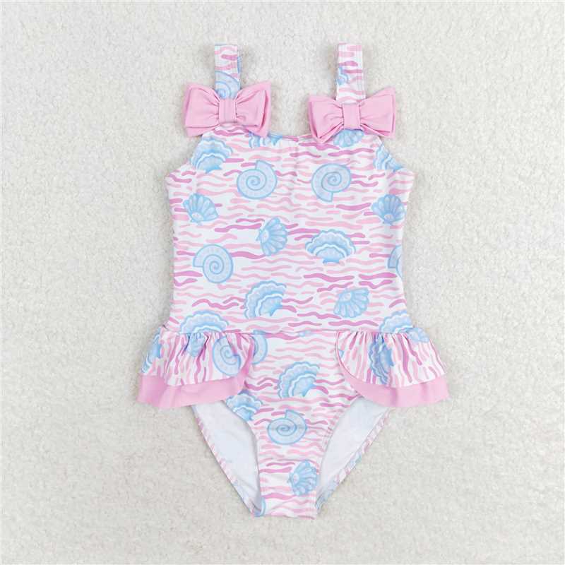 S0274 Pink shell wave bow one-piece swimsuit