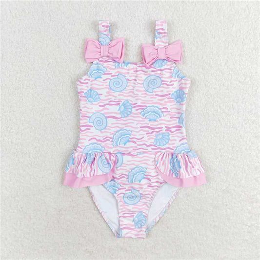 S0274 Pink shell wave bow one-piece swimsuit