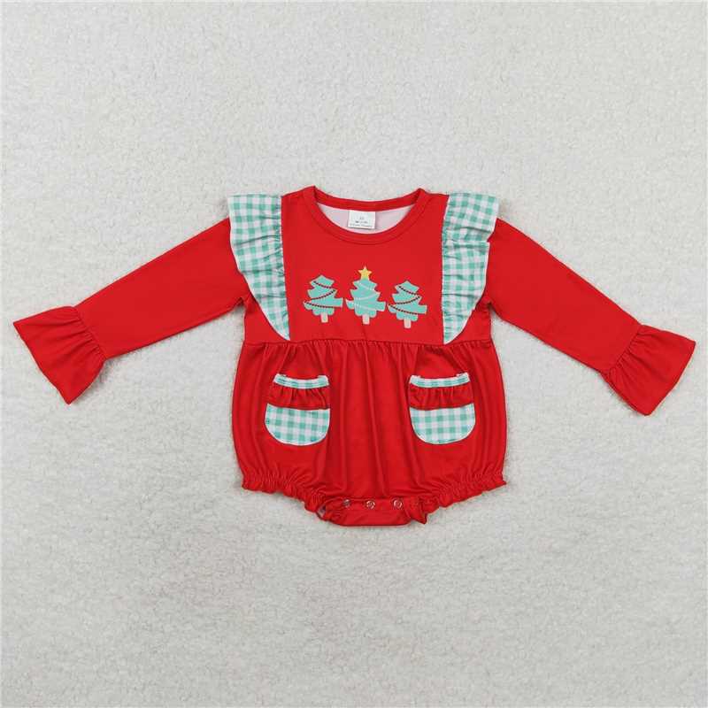 LR1161 Christmas tree green plaid pocket red long sleeve jumpsuit