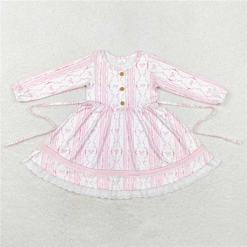 GLD0546 Pink and white long-sleeved dress with lace and bow pattern belt