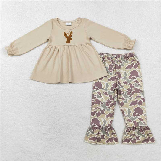 GLP1284 Embroidered deer head long-sleeved camouflage lace trousers set